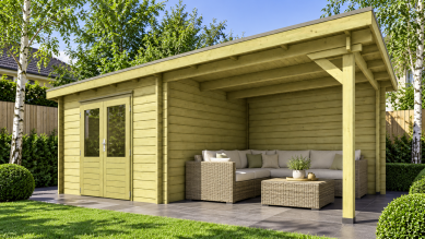 Classicline Blokhut Gelderland 300x250 cm + overkapping 300 cm vuren groen geïmpregneerd