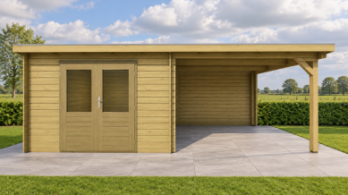 Classicline Blokhut Gelderland 300x250 cm + overkapping 300 cm vuren groen geïmpregneerd