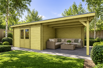 Classicline Blokhut Flevoland 400x250 cm + overkapping 300 cm vuren groen geïmpregneerd
