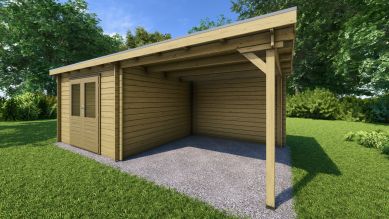 Classicline Blokhut Overijssel vuren groen geïmpregneerd 300x300 + overkapping 300 cm