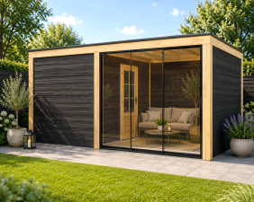 Buitenverblijf Novo Modern 200x300 cm + overkapping 300x300 cm incl. glasschuifwand (incl. EPDM)