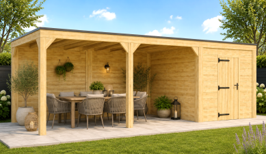 Buitenverblijf Novo Modern 300x300 cm + overkapping 500 cm incl. achterwand  (incl. EPDM)