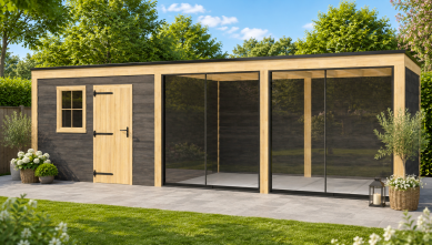 Buitenverblijf Novo Modern 400x300 cm + overkapping 400 cm incl. glasschuifwand, achterwand en zijwand (incl. EPDM)