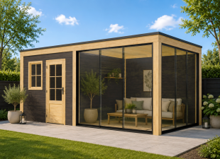 Buitenverblijf Novo Modern 300x300 cm + overkapping 300 cm incl. glasschuifwanden en achterwand (incl. EPDM)