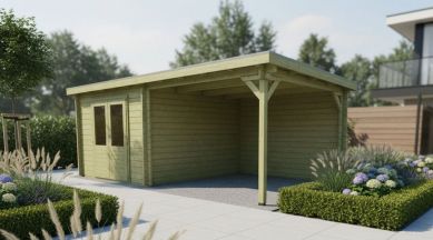 Classicline Blokhut Overijssel vuren groen geïmpregneerd 300x300 + overkapping 300 cm