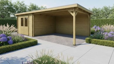 Classicline Blokhut Overijssel vuren groen geïmpregneerd 300x300 + overkapping 400 cm