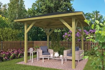 Tuindeco Tourist prieel 340x340 cm vuren groen geïmpregneerd - incl. dakshingles, afdekkap en bol - Showmodel Wommelgem