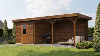 Lugarde Select Blokhut met overkapping Ede 250x250cm + 400cm - Keteldruk Bruin