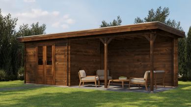 Lugarde Select Blokhut met overkapping Zandvoort 300x250cm + 400cm - Keteldruk Bruin