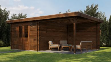 Lugarde Select Blokhut met overkapping Tiel 300x400cm + 300cm - Keteldruk Bruin