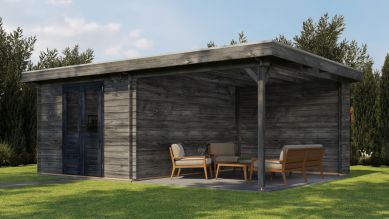 Lugarde Select Blokhut met overkapping Tiel 300x400cm + 300cm - Keteldruk Grijs