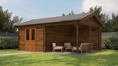 Lugarde Select Blokhut met overkapping Hattem 300x400cm + 300cm - Keteldruk Bruin