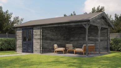 Lugarde Select Blokhut met overkapping Haaksbergen 300x400cm + 400cm - Keteldruk Grijs