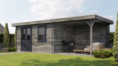 Lugarde Select Blokhut met overkapping Elst 400x300cm + 300cm - Keteldruk Grijs