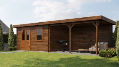 Lugarde Select Blokhut met overkapping Huissen 400x300cm + 400cm - Keteldruk Bruin