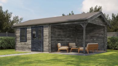 Lugarde Select Blokhut met overkapping Oosterbeek 400x400cm + 300cm - Keteldruk Grijs