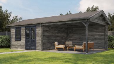 Lugarde Select Blokhut met overkapping Rozendaal 400x400cm + 400cm - Keteldruk Grijs