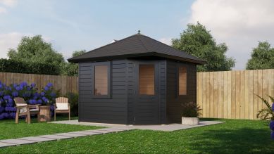 Lugarde Select Prima Nieuwegein tuinhuis 300x300 cm 44 mm vuren zwartgrijs gebeitst