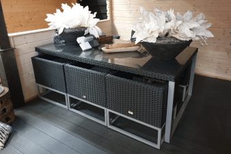 Wicker dinnerset luxe Springfield zwart | tafel + 6 stoelen incl. grijze kussens - Velp