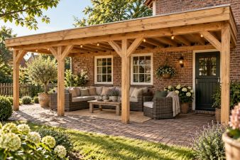 Douglas aanbouw veranda met plat dak 750 x 300 cm met 4 staanders
