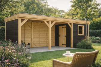 Blokhut Rijssen 250x250 cm met overkapping 500x250 cm Douglas blank met vuren wanden zwart (Incl. EPDM)