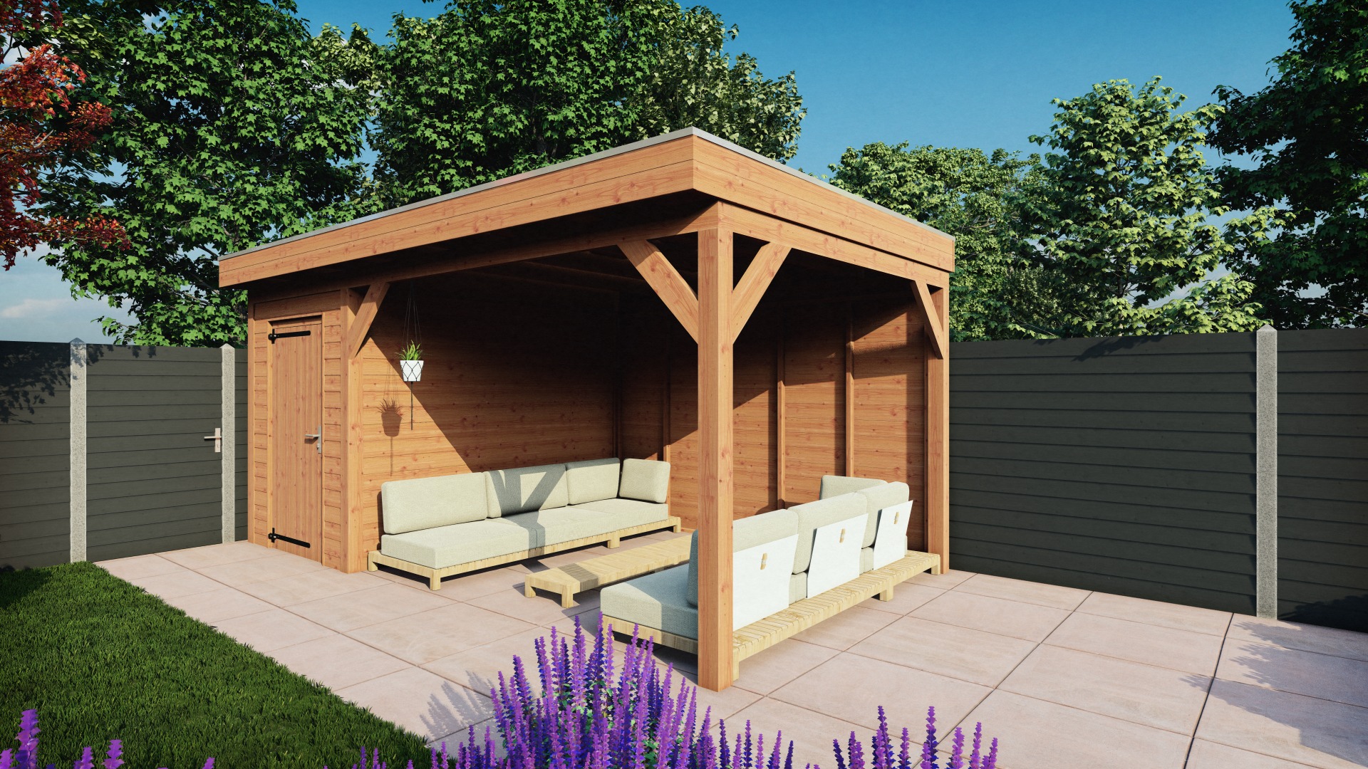 Overkapping met schuur Traditioneel douglas 550x330x260 cm met douglas onbehandelde wanden- Plat dak- - Trendhout