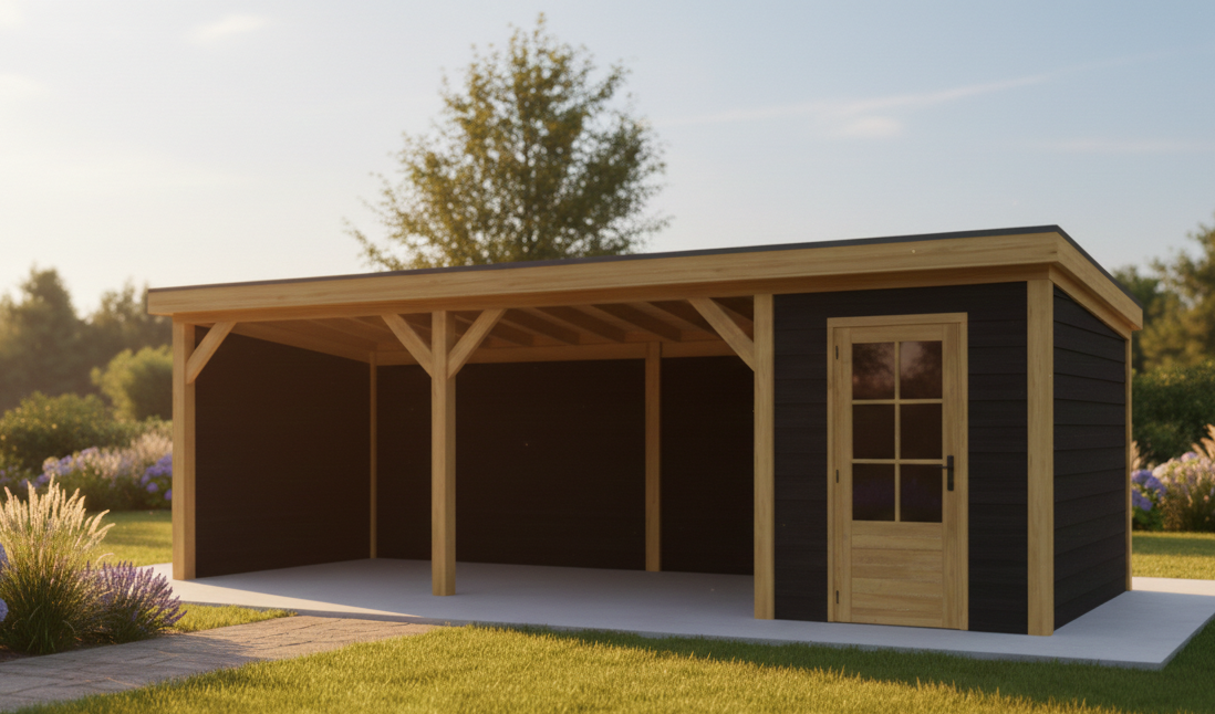 Blokhut Novo 200x300 cm met overkapping 600x300 cm Douglas met vuren rabat wanden (Incl. EPDM)