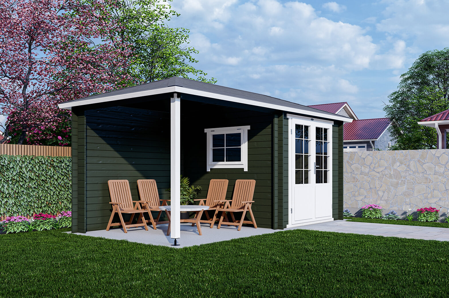 Blokhut 2525Z 250x250 cm + zijluifel 250 cm - extern gecoat afbeelding