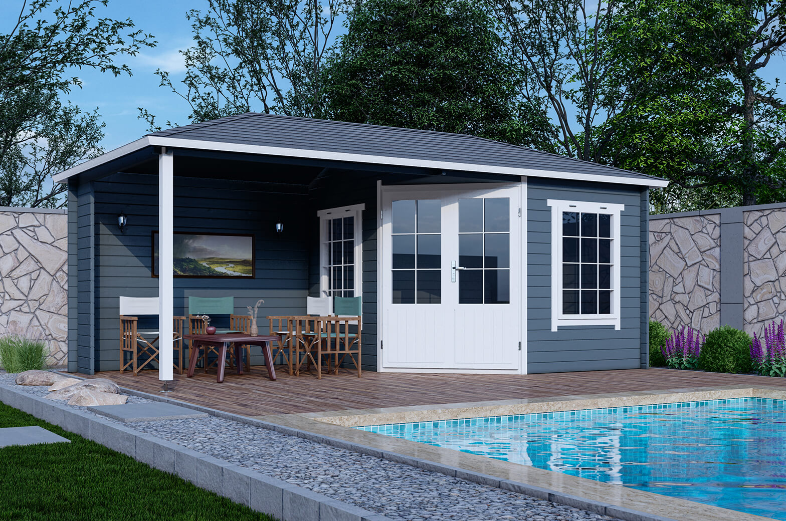 Blokhut 3055Z 300x300 cm + luifel 275 cm - gecoat afbeelding