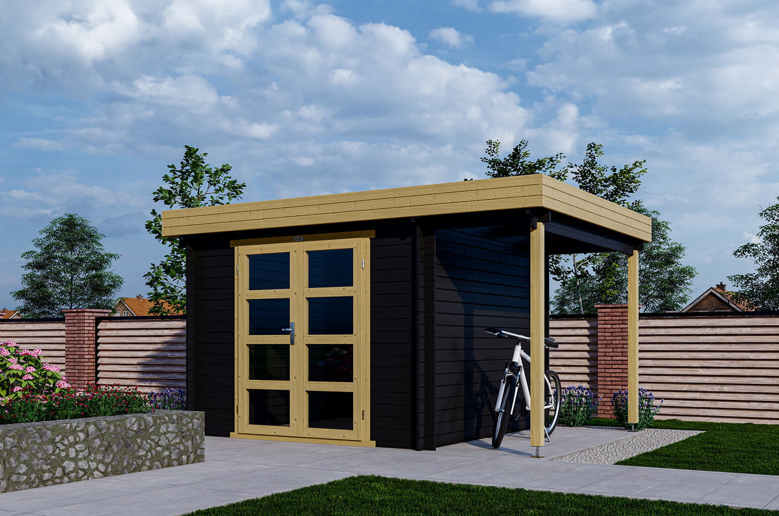Blokhut 331M 300x300 cm + zijluifel 110 cm - exterieur gecoat afbeelding