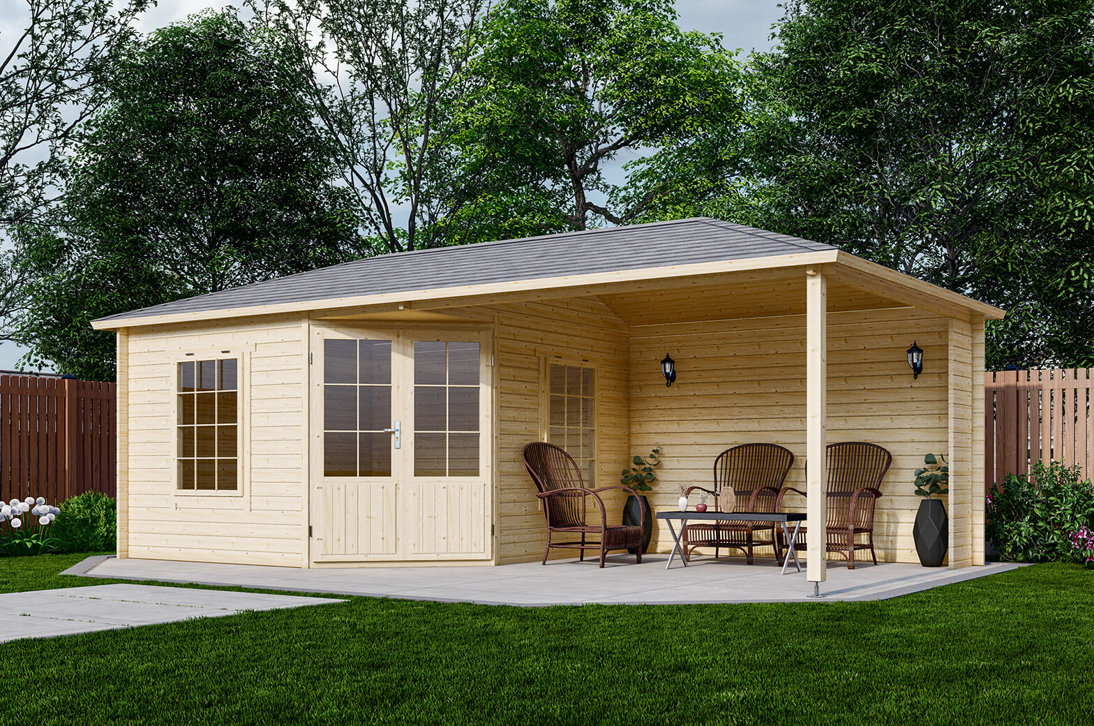 Blokhut 3555Z 350x350 cm + luifel 350 cm - gempregneerd