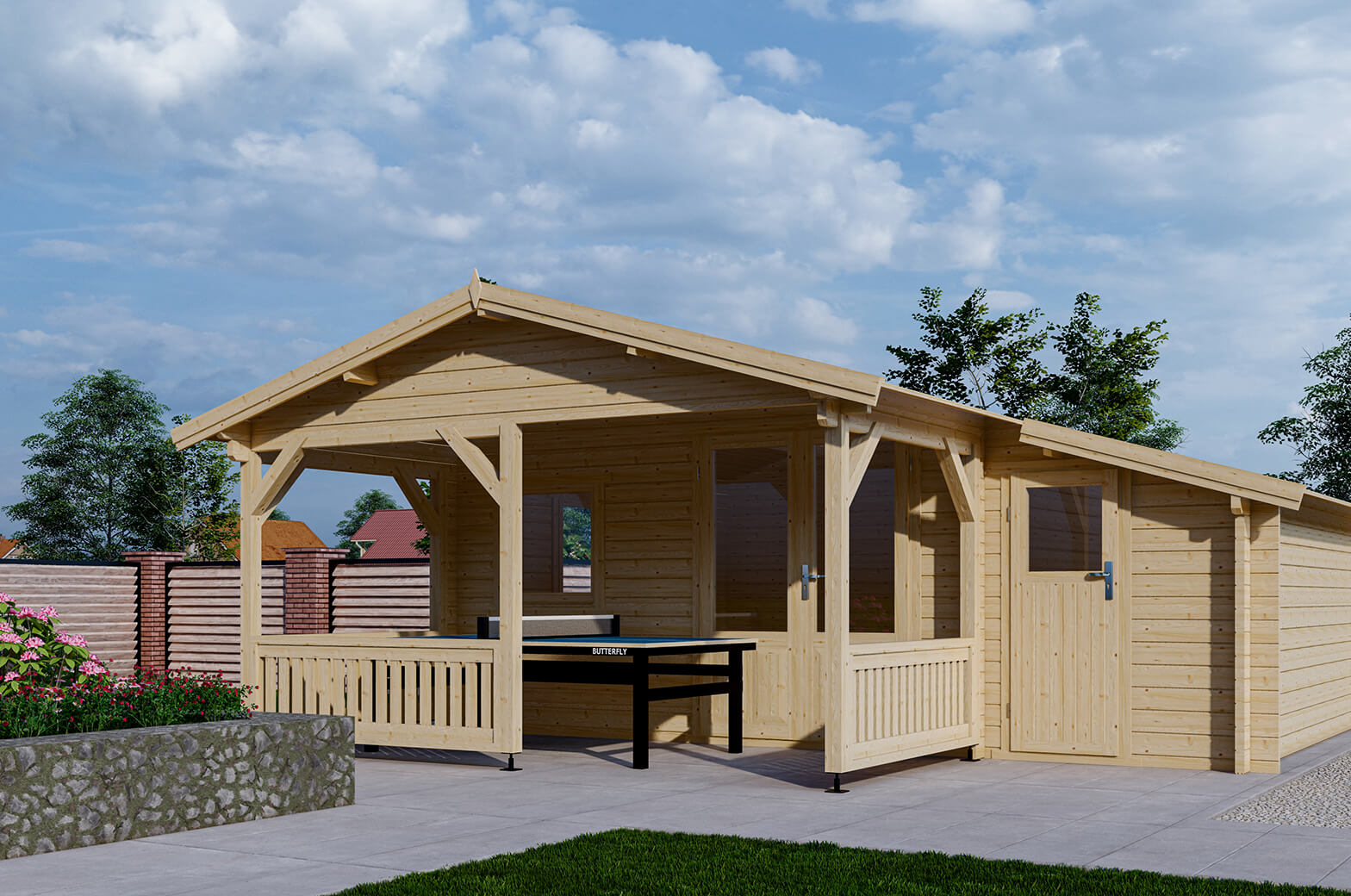 Blokhut 440x440 cm + luifel 200 cm + aanbouw 150 cm afbeelding