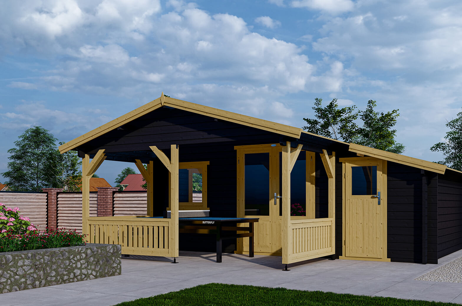 Blokhut 440x440 cm + luifel 200 cm + aanbouw 150 cm - gecoat afbeelding