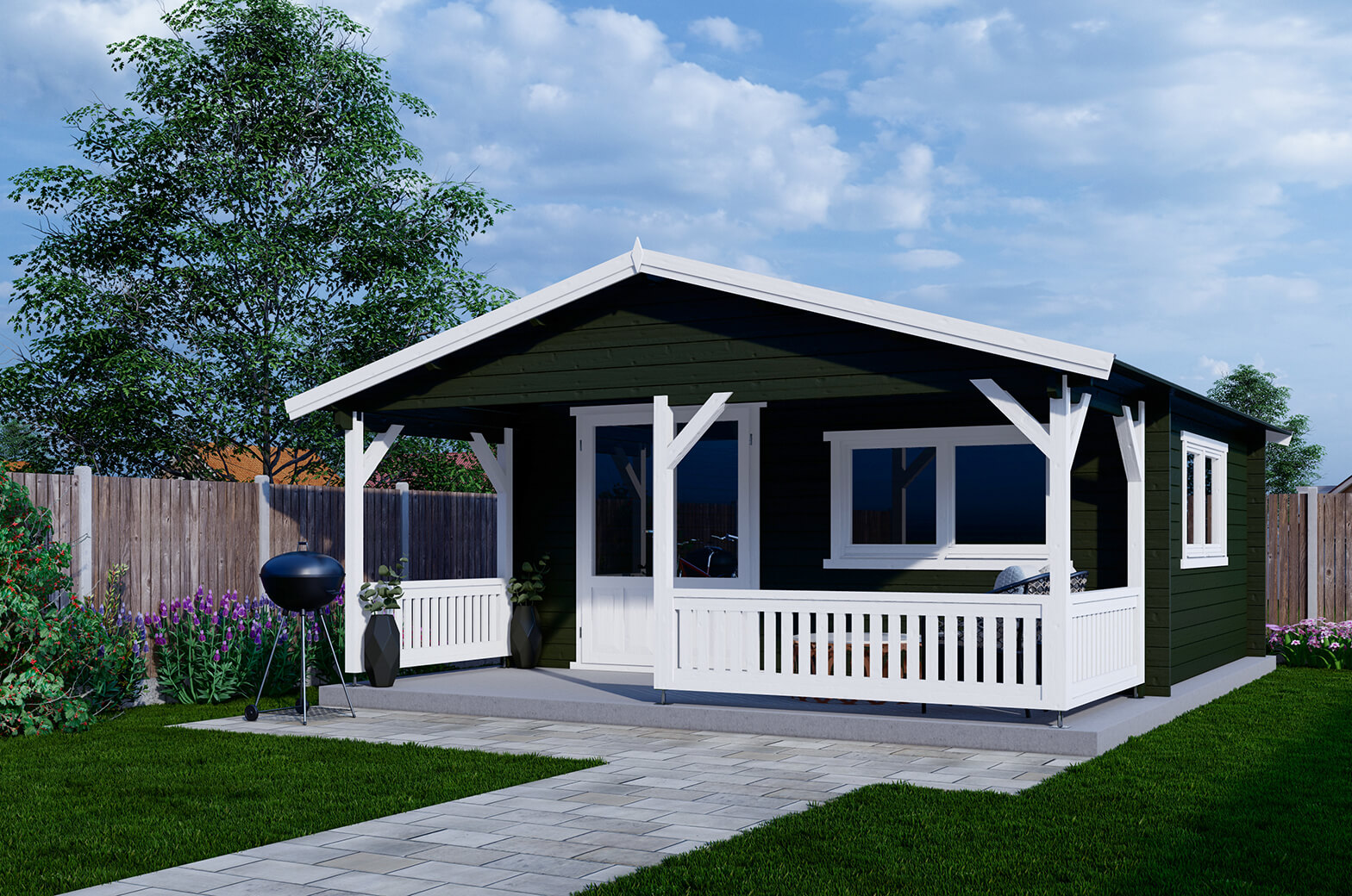 Blokhut 540x440 cm + luifel 200 cm, 50 mm & dubbelglas - gecoat afbeelding