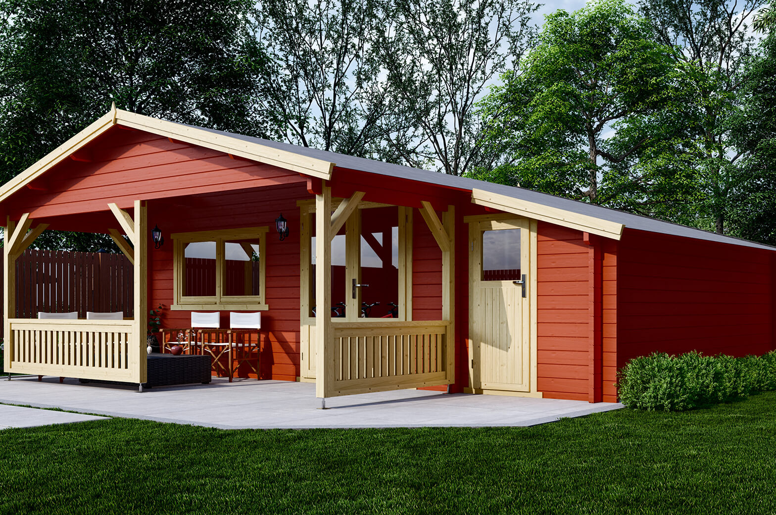 Blokhut 540x540 cm + luifel 200 cm + zijaanbouw 150 cm - gecoat afbeelding