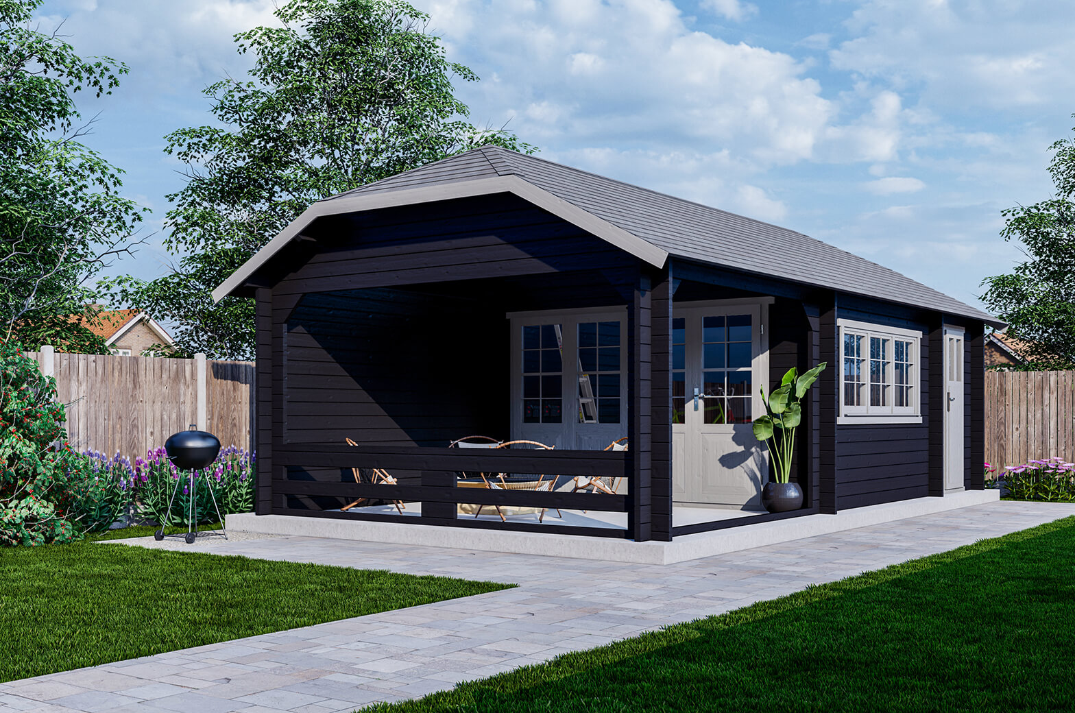 Blokhut W 440X340 cm + luifel 300 cm + aanbouw 150 cm - gecoat afbeelding
