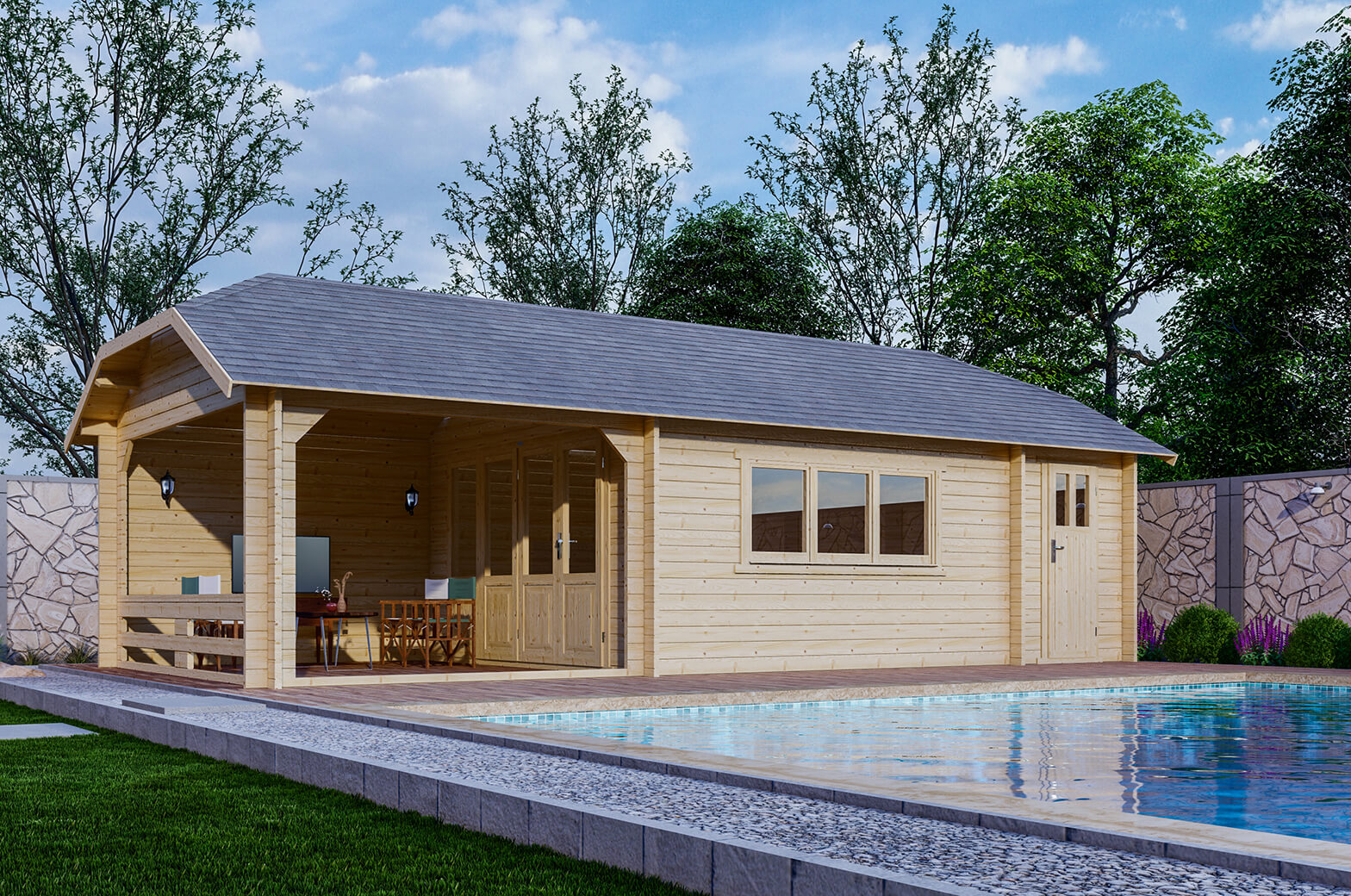 Blokhut W 440X440 cm + luifel 300 cm + aanbouw 150 cm afbeelding
