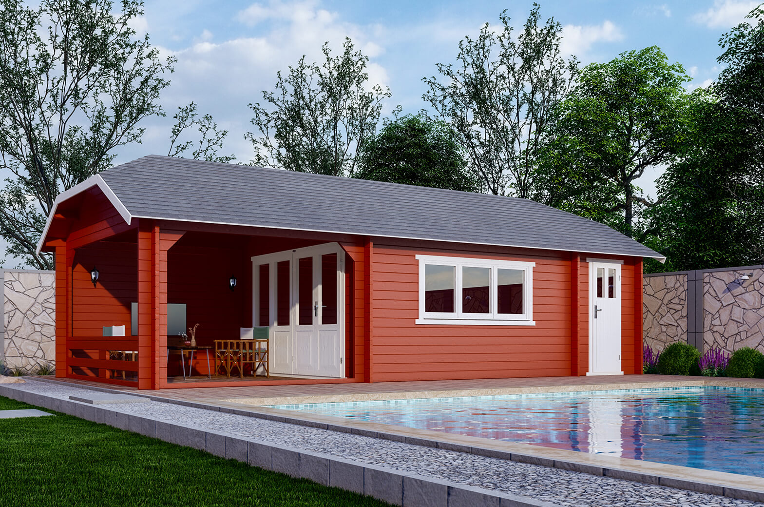Blokhut W 440X440 cm + luifel 300 cm + aanbouw 150 cm - gecoat afbeelding