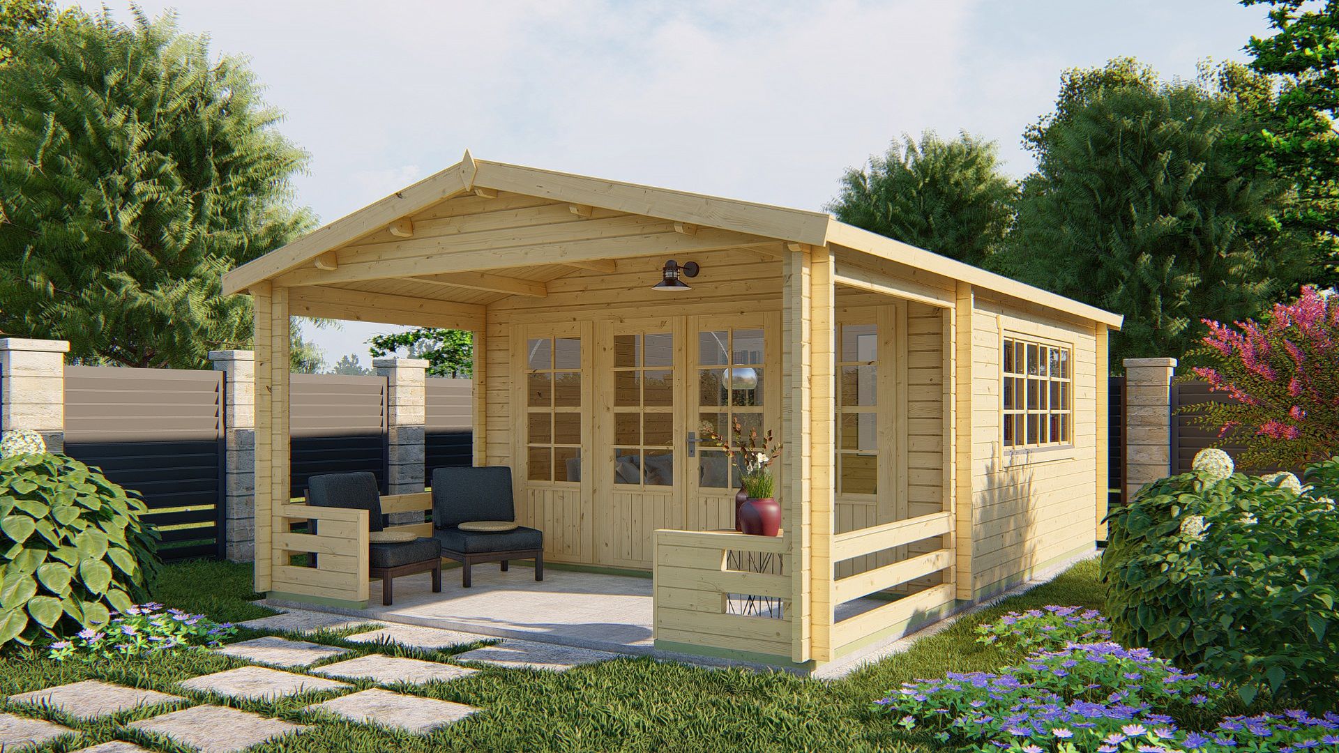 Blokhut Ipswich 440x440 cm + luifel 223 cm afbeelding