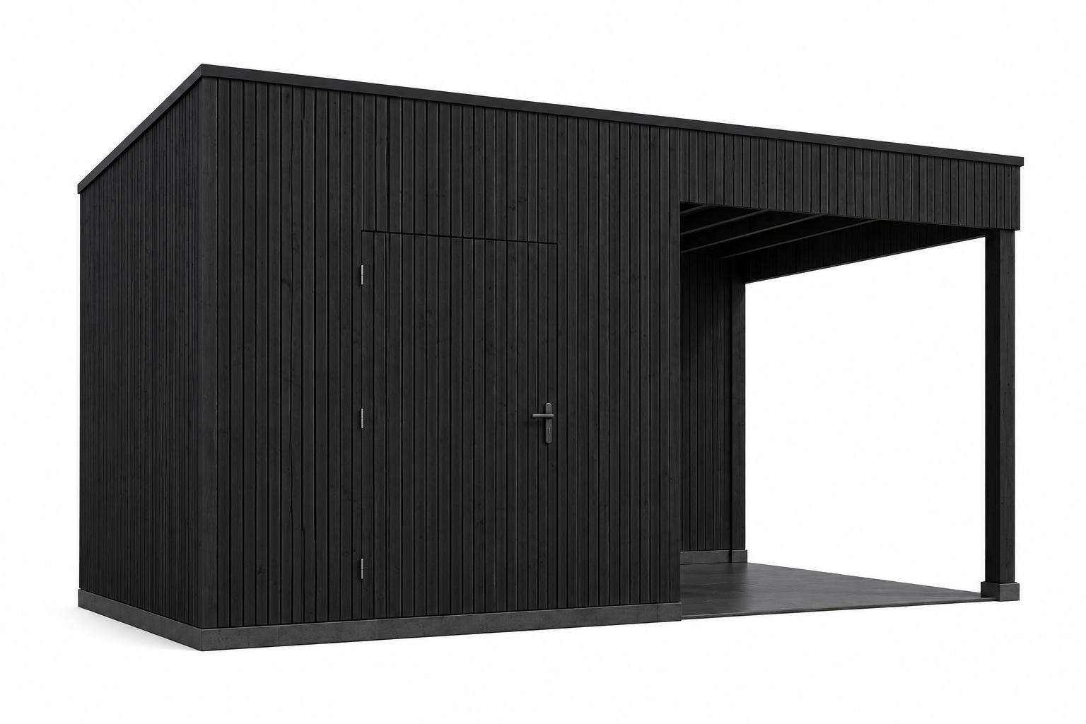 KubeLine tuinhuis 280x380 cm + overkapping 310 cm Douglas zwart gespoten