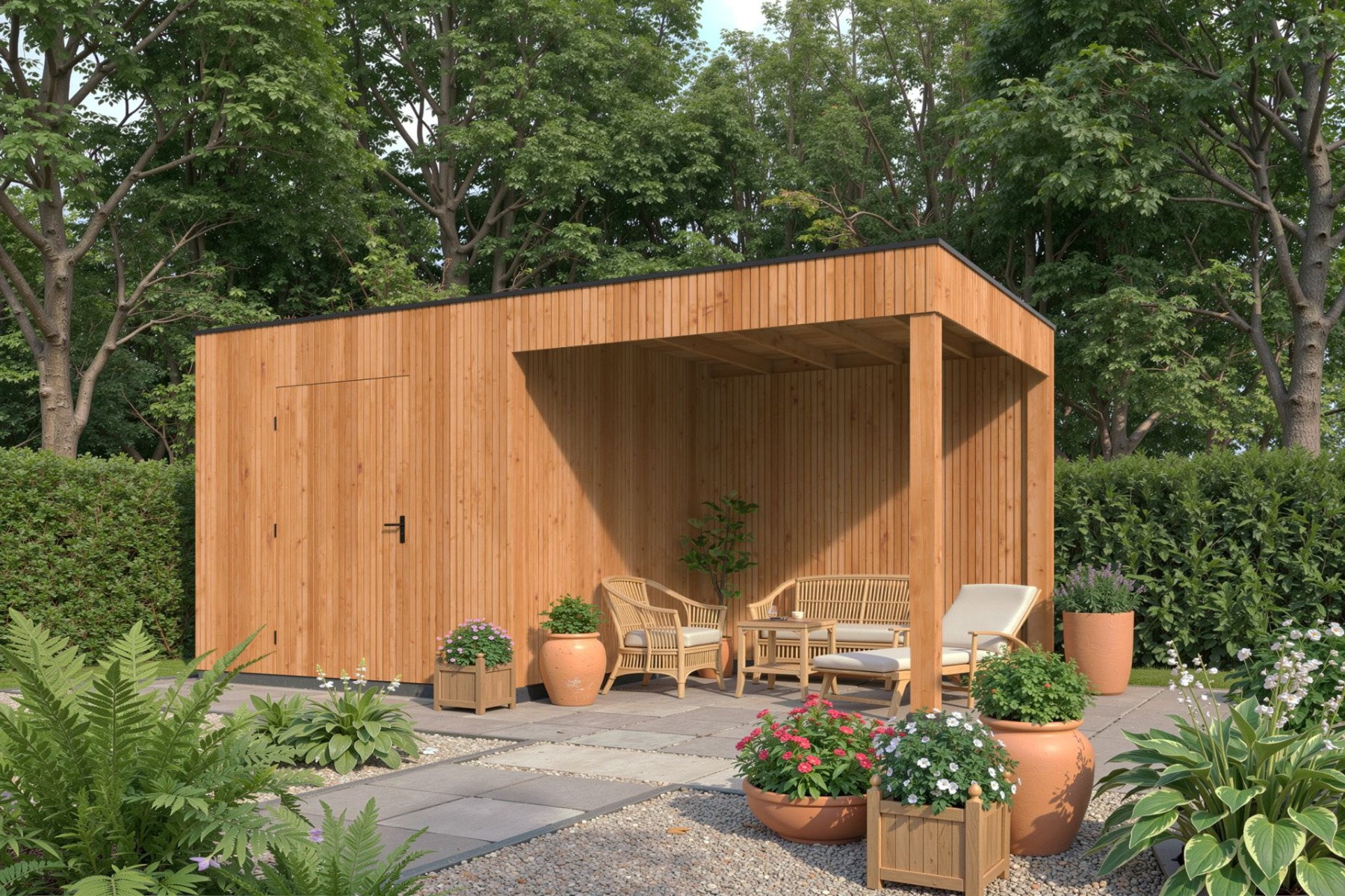KubeLine tuinhuis 280x280 cm + overkapping 310 cm Douglas blank