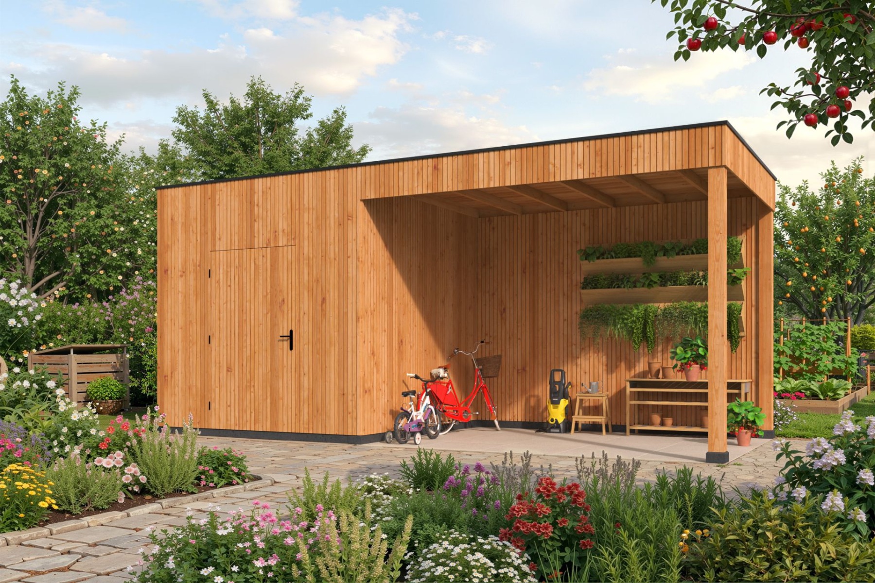 KubeLine tuinhuis 280x280 cm + overkapping 410 cm Douglas blank