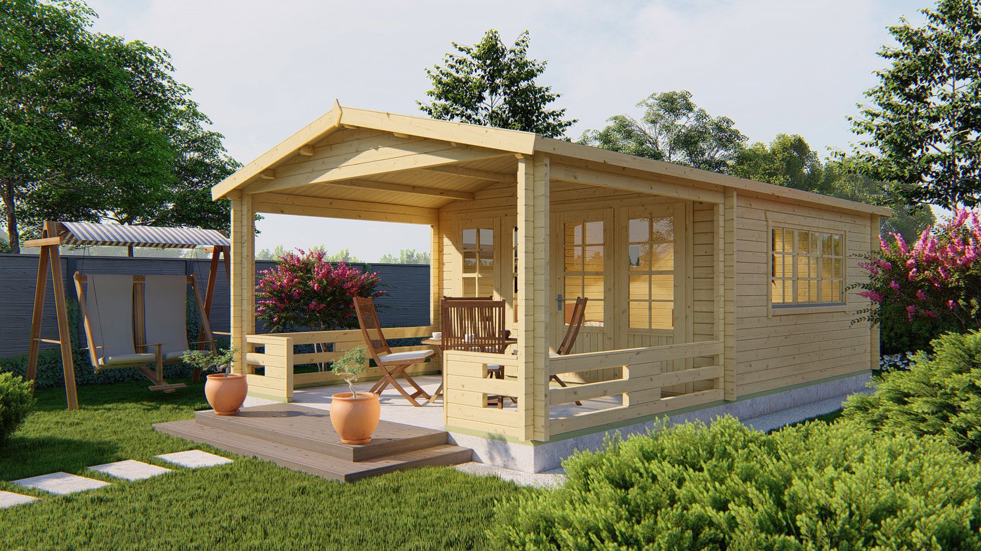 Blokhut Leeds 440x440 cm + luifel 300 cm - Red class wood geïmpregneerd afbeelding