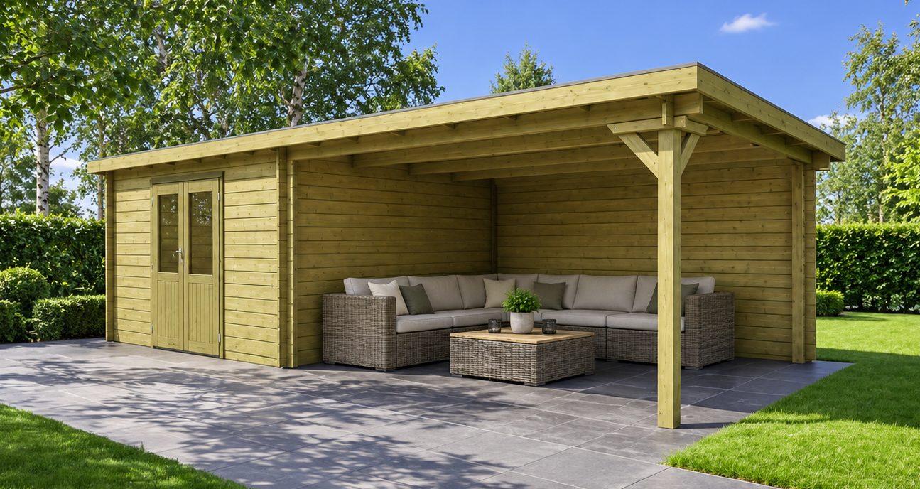 Classicline Blokhut Friesland 400x300 cm + overkapping 400 cm vuren blank