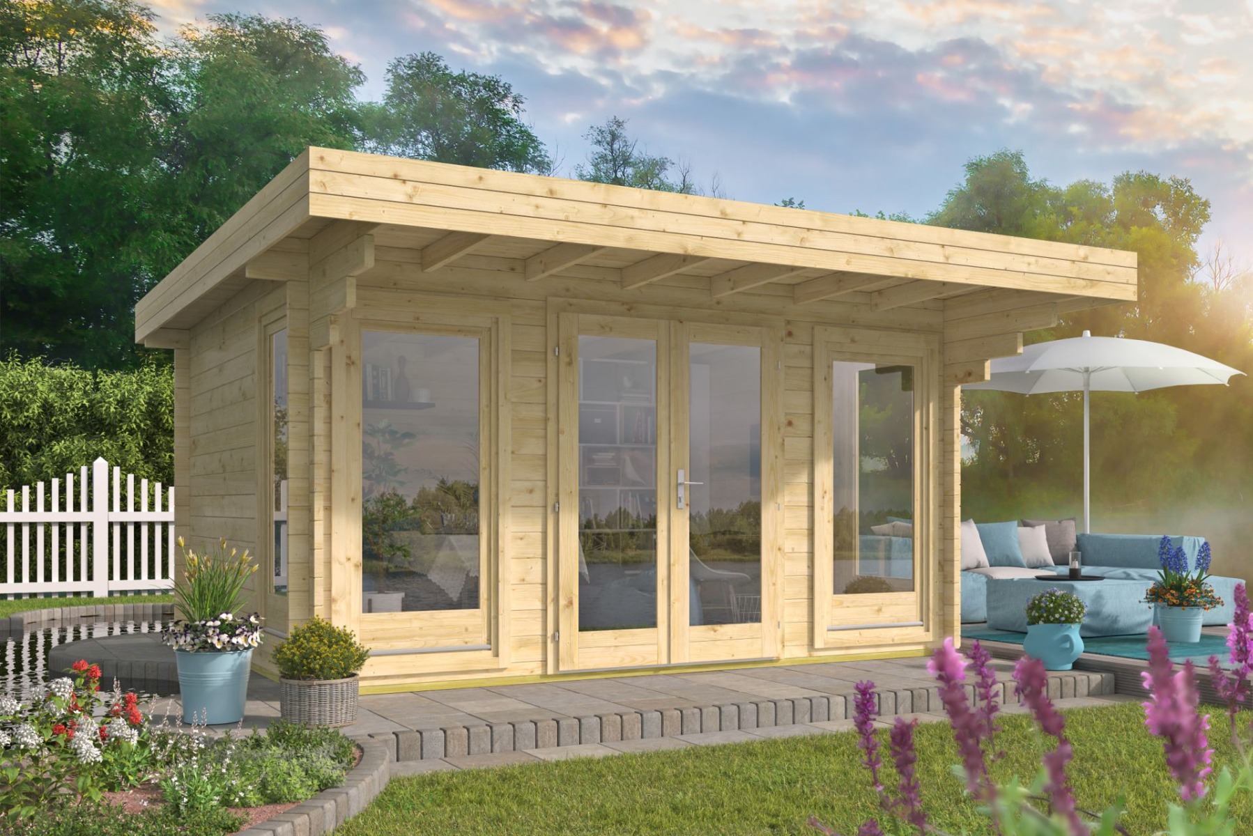 Blokhut Lory 415x330 cm + luifel 120 cm - Red class wood geïmpregneerd afbeelding