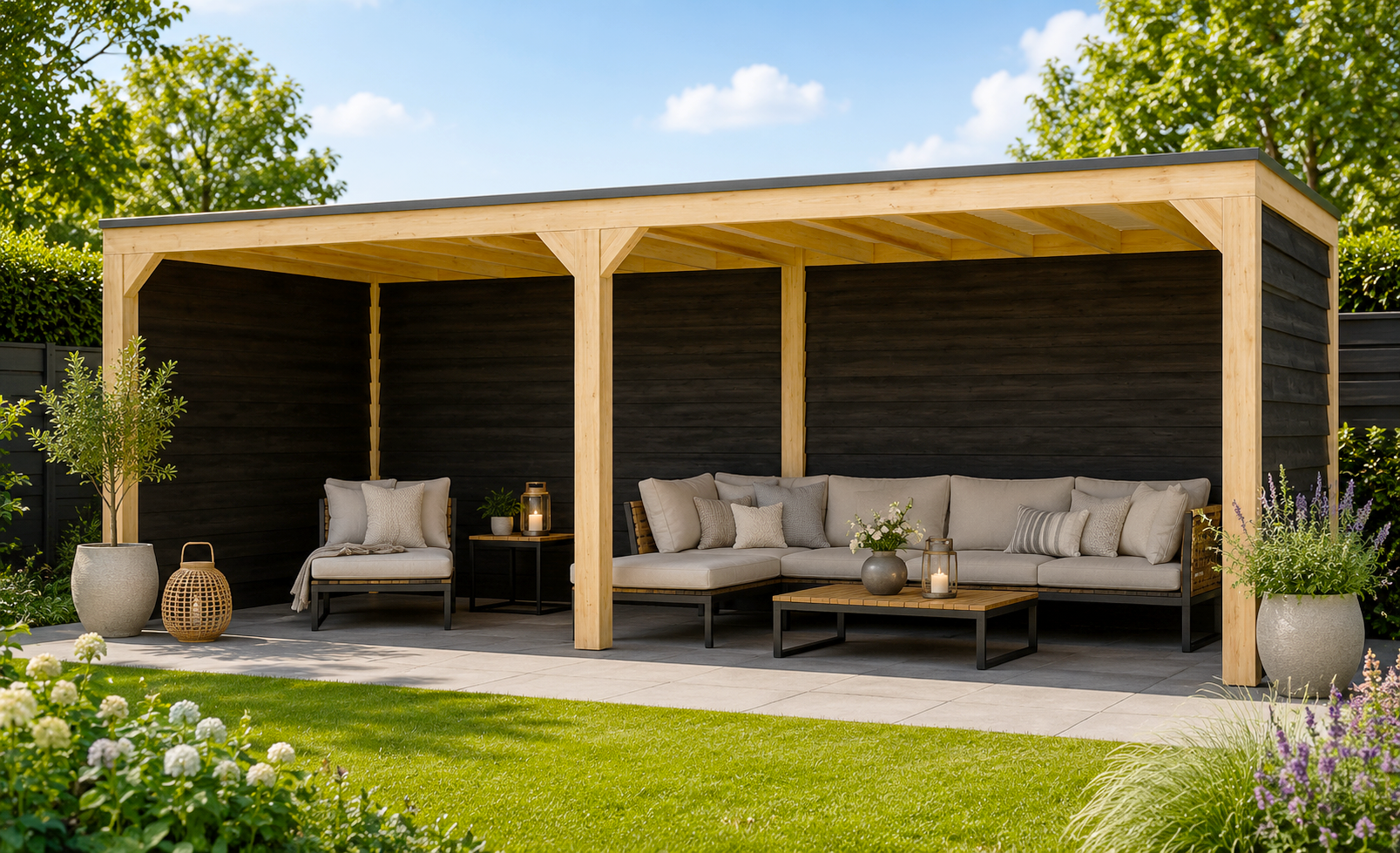 Overkapping Novo Modern 700x 300 cm incl. achterwand en zijwand (incl. EPDM)