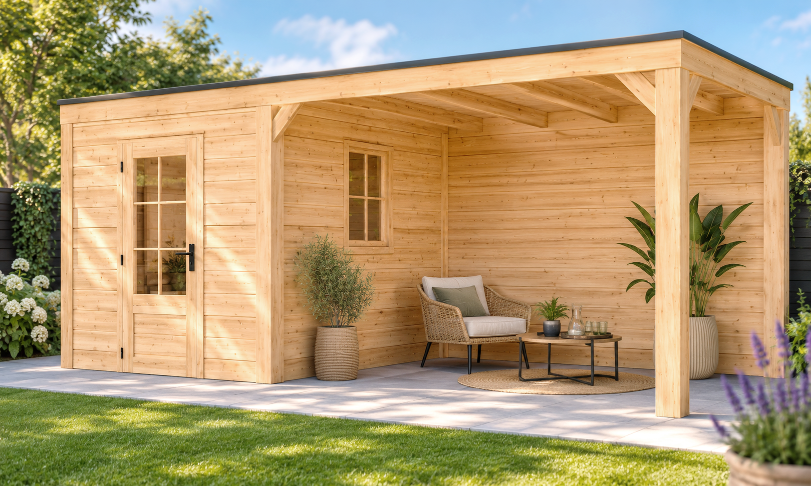 Buitenverblijf Novo Modern 250x300 cm + overkapping 350 cm incl. achterwand (incl. EPDM)