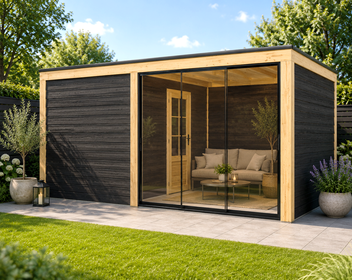 Buitenverblijf Novo Modern 200x300 cm + overkapping 300x300 cm incl. glasschuifwand (incl. EPDM)