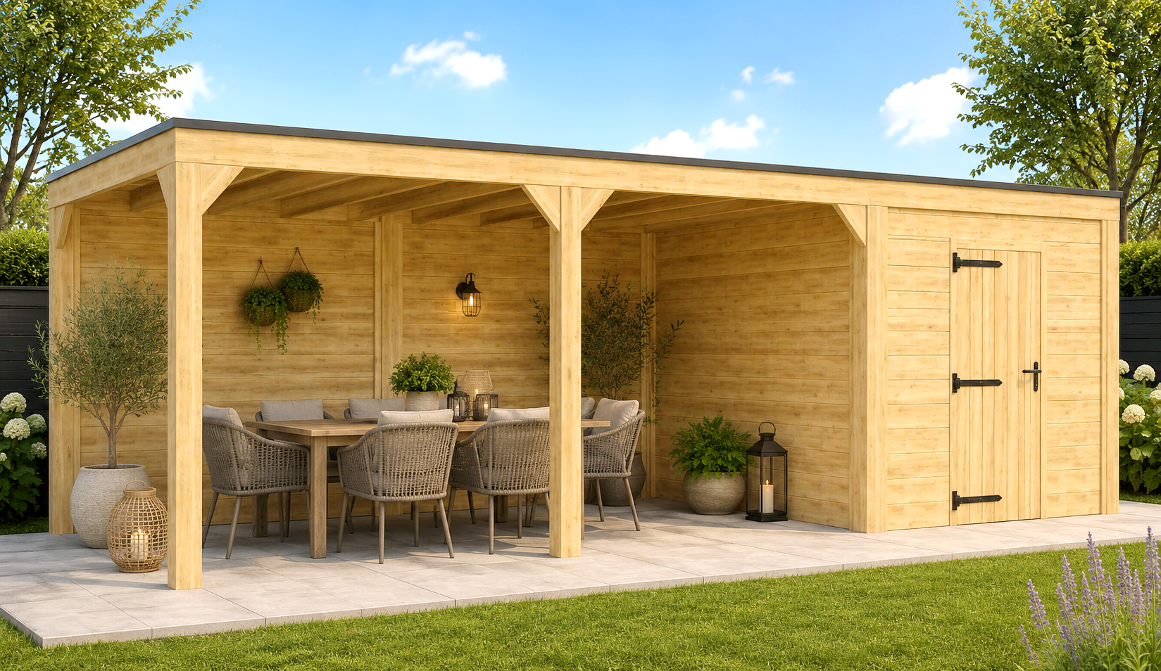 Buitenverblijf Novo Modern 300x300 cm + overkapping 500 cm incl. achterwand (incl. EPDM)