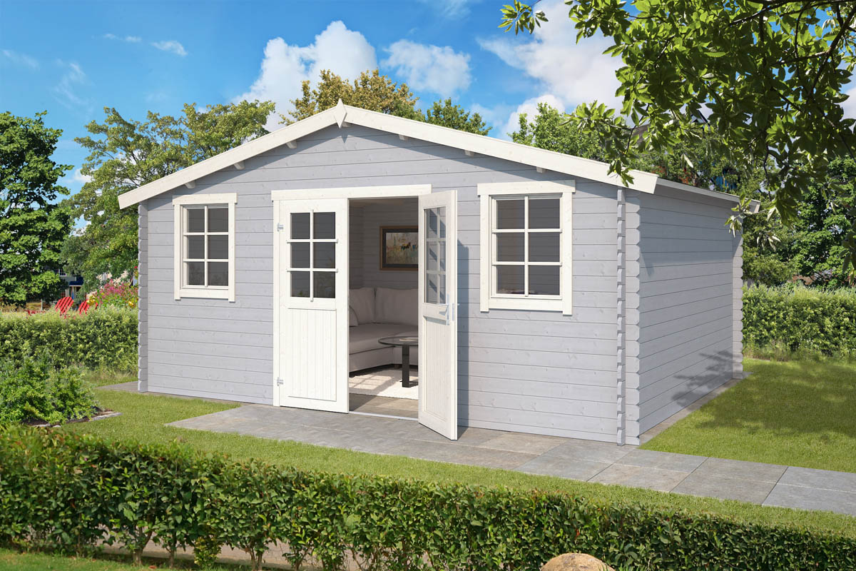 Outdoor Life Udo Blokhut 500x320 cm 28 mm vuren Platinum Grey-Wit gecoat- Zadeldak- - Outdoor Life afbeelding